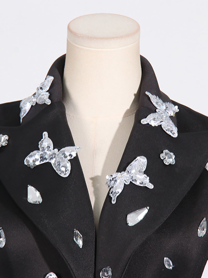 Sparkly Lapel Zip Up Butterfly Sequin Blazer