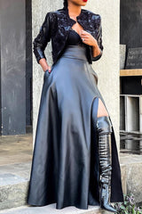 Fashion PU Leather Slit Slim-Fit Mid Skirts