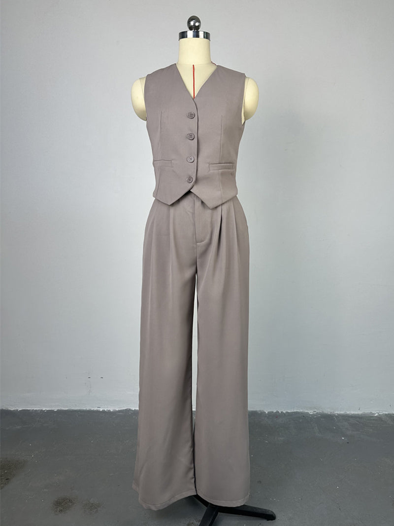 Sleeveless Waistcoat Wide Leg Suit Pants Set