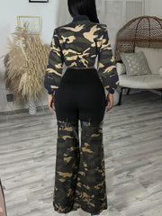 Camouflage Cropped Jacket And Pants Denim Set