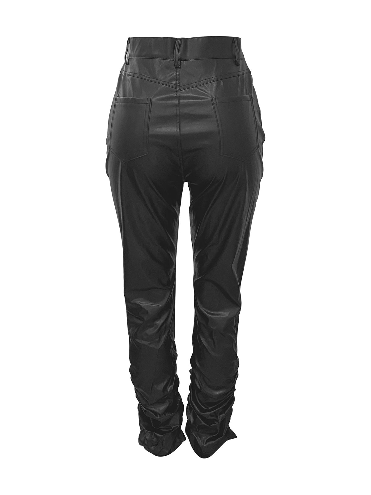 Streetwear Mid Waist Ruched PU Leather Stacked Pants