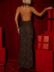 Sexy Deep V Neck Backless Sequin Maxi Dress
