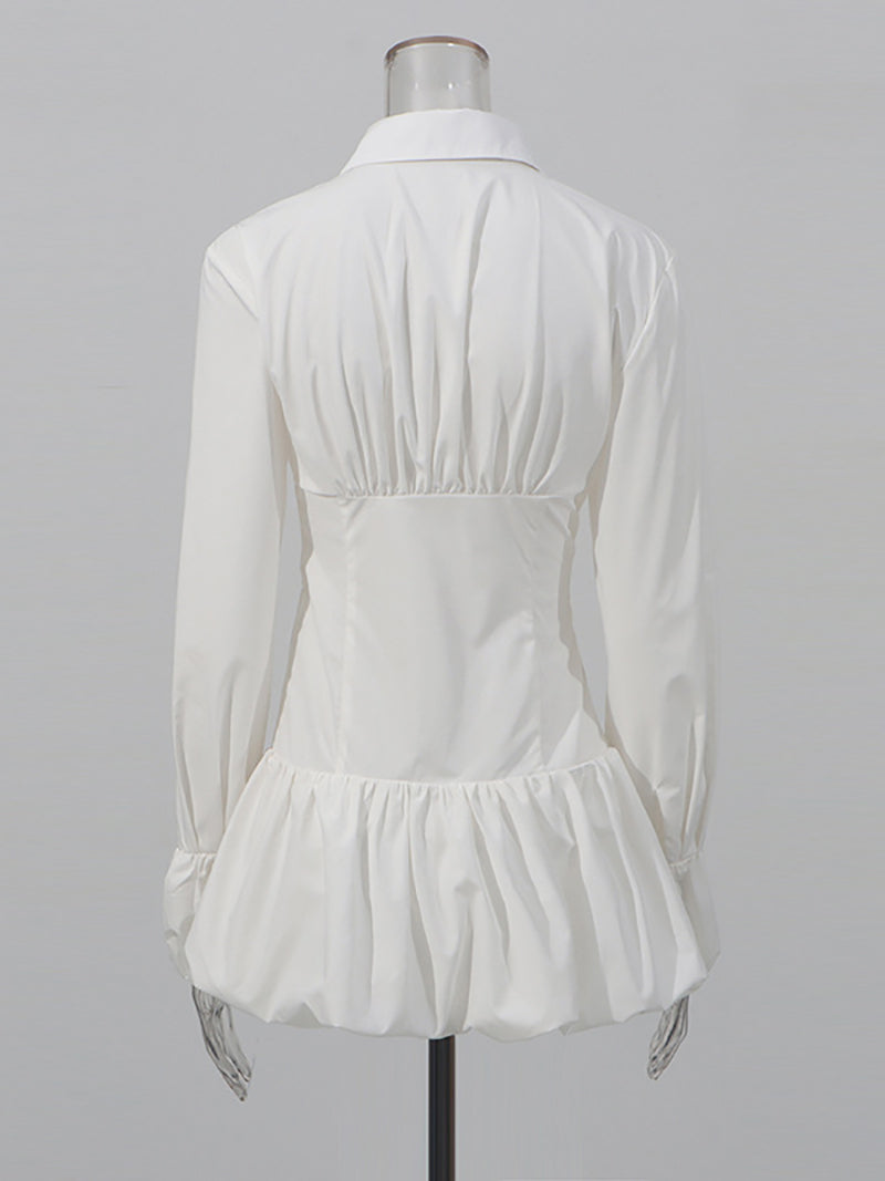 Fashion Folded Collar Ruched Bubble Mini Dress