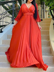 Elegant V Neck Long Sleeve Belted Pleated Maxi Dress