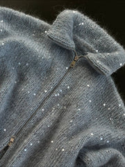 Sequin Knit Collared Zip Front Cardigan