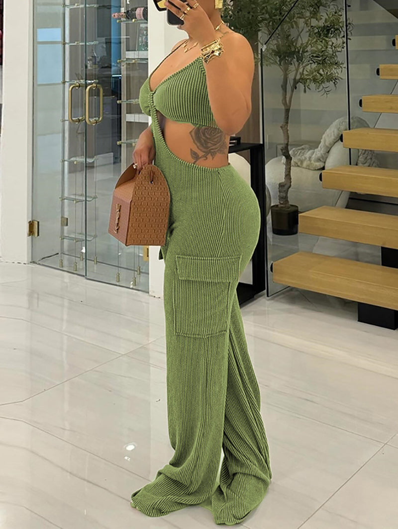 Ribbed Hollow-out V Neck Backless Jumpsuit