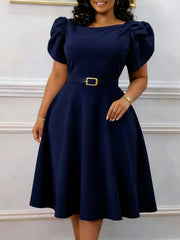 Elegant Solid Color Puff Sleeve High Waist Midi Dress