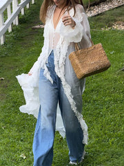 Lace-Up Button Ruffled Casual Chiffon Long Tops