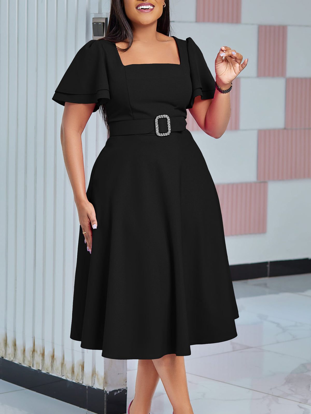 Bell Sleeve Square Neck High Waist Elegance Dress