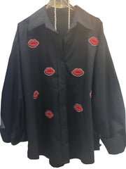 Casual Rhinestone Lip Print Blouse