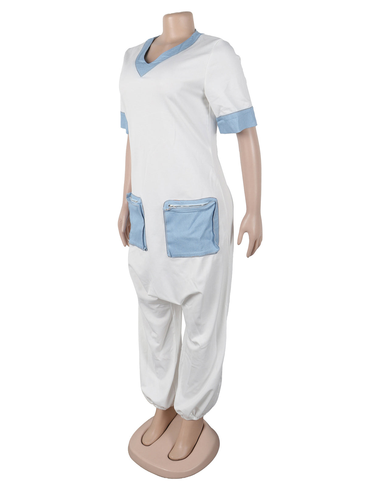 Casual V Neck Denim Patchwork Cargo Jumpsuit