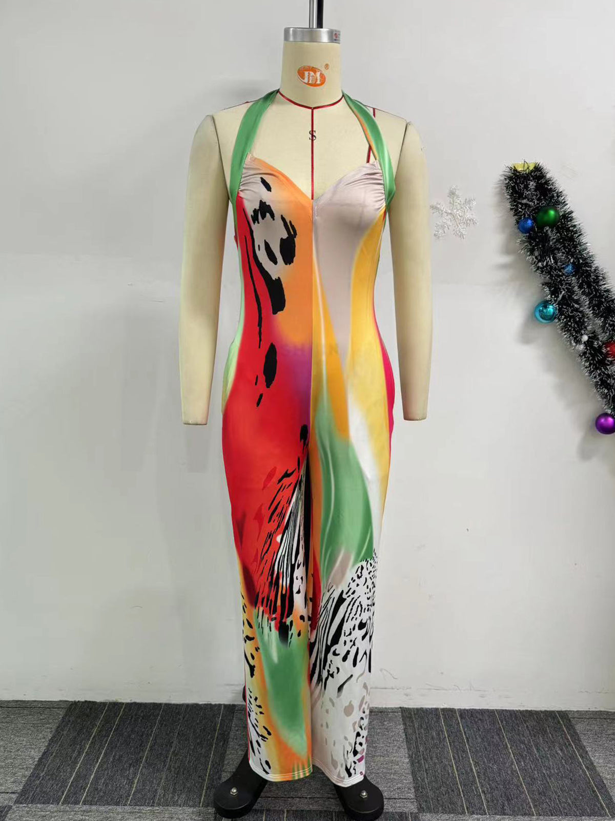 Casual V Neck Print Multicolor One-piece Jumpsuit