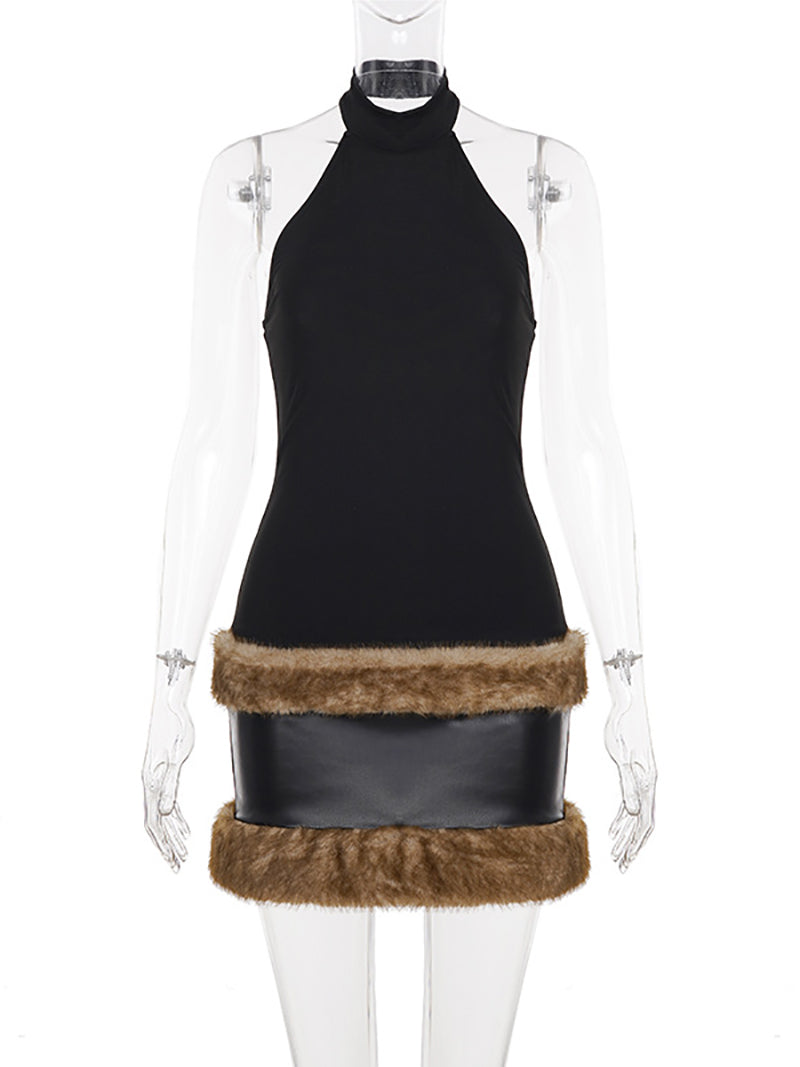 PU Leather Furrzy Patchwork Sleeveless Mini Dress