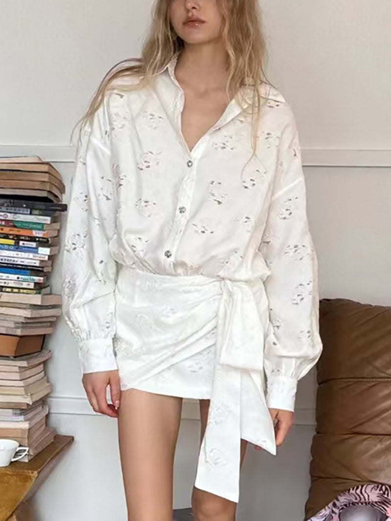 Casual Print Loose Single-breasted Lace-up Shirt Dress