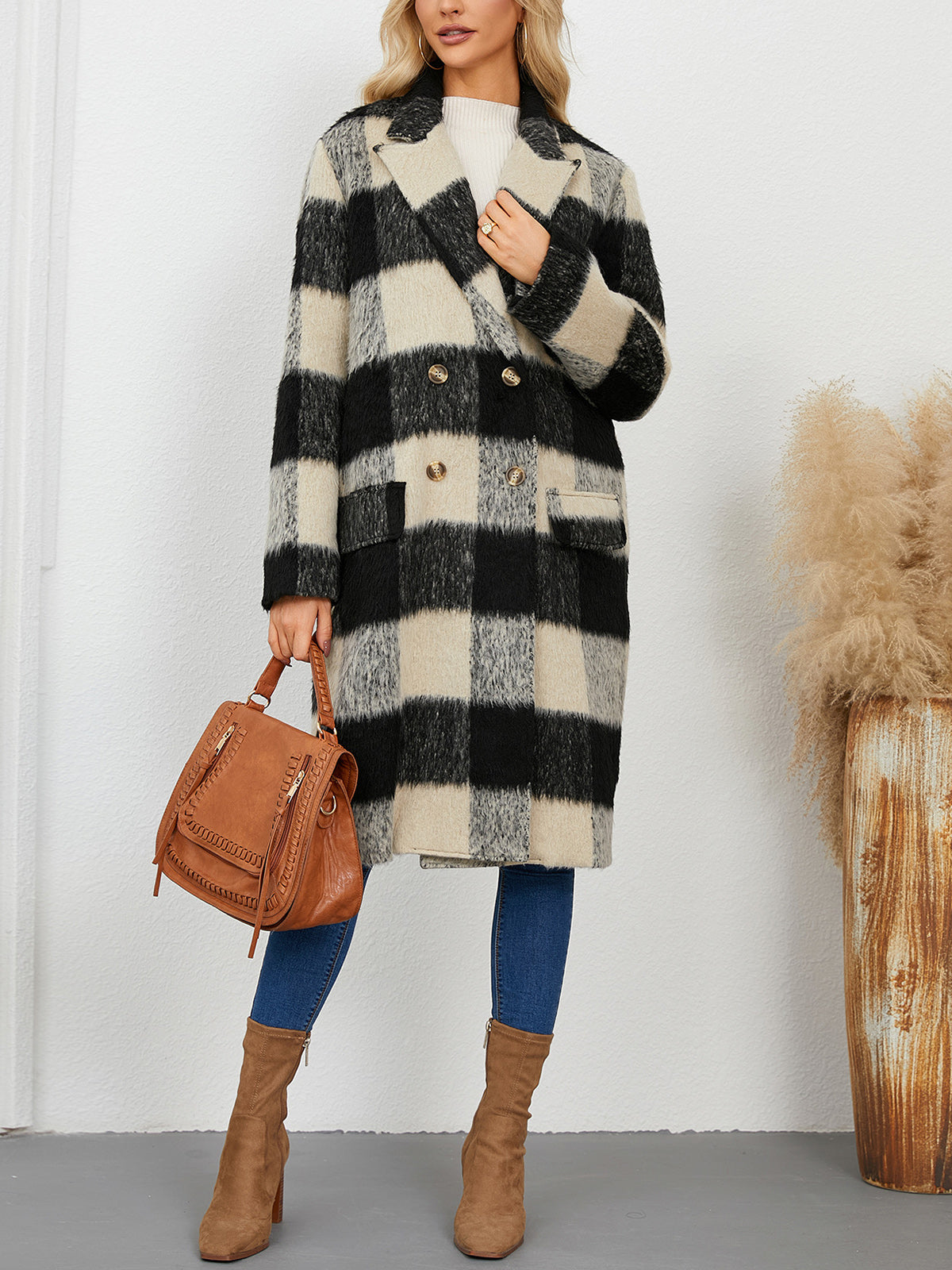 Plaid Peaked Lapel Wool-Blend Longline Coat