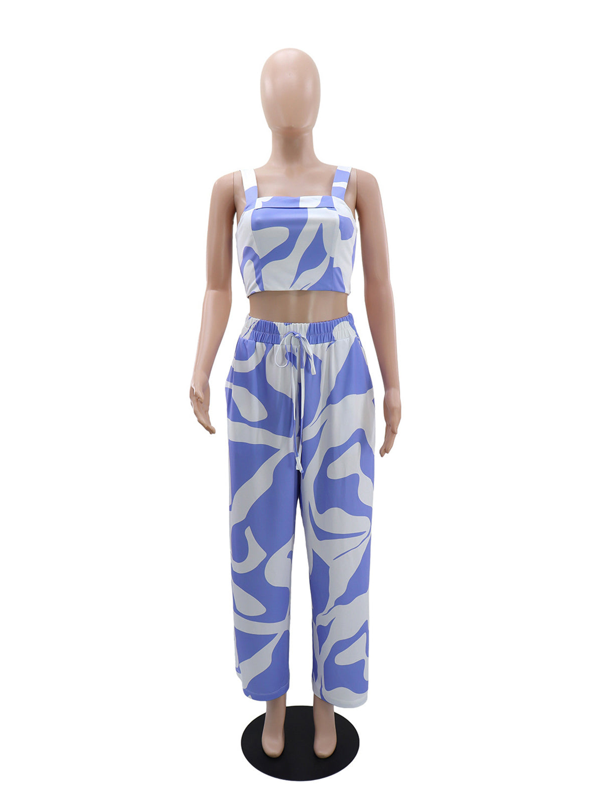 Casual Print Strap Tops Lace-up Pants Two Piece Set