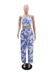 Casual Print Strap Tops Lace-up Pants Two Piece Set