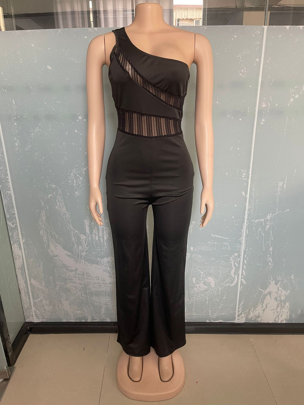 Sexy One Shoulder Slit Sleeve High Waist Jumpsuit