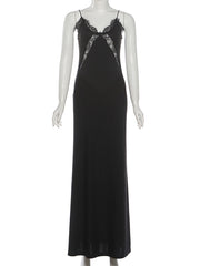 Elegant Satin Lace Patchwork Backless Maxi Dress