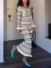 Knit Stripet Lace-up Bell Long Sleeve Dress