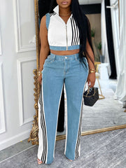Casual Sleeveless Striped Denim Patchwork Two Piece Set