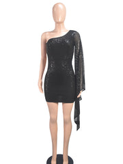 Slash Shoulder Sequin Mesh Bodycon Dress