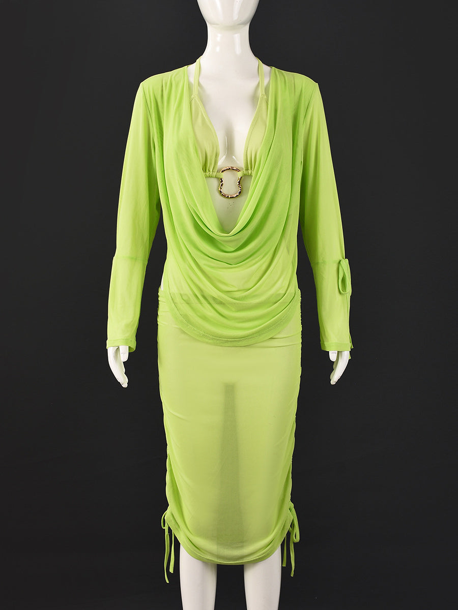 Sexy Cropped Ruched Tops Mesh Sheer Skirt 3 Piece Set