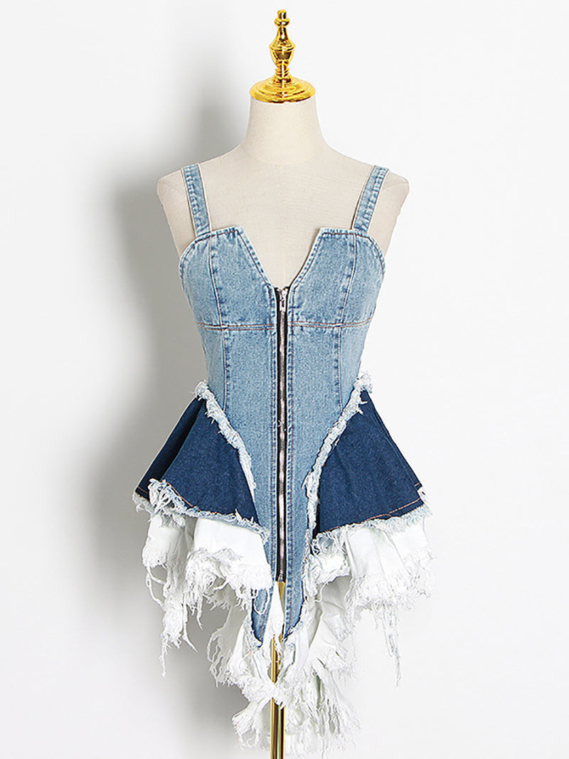 Irregular Tassel Ruffled Mini Denim Dress