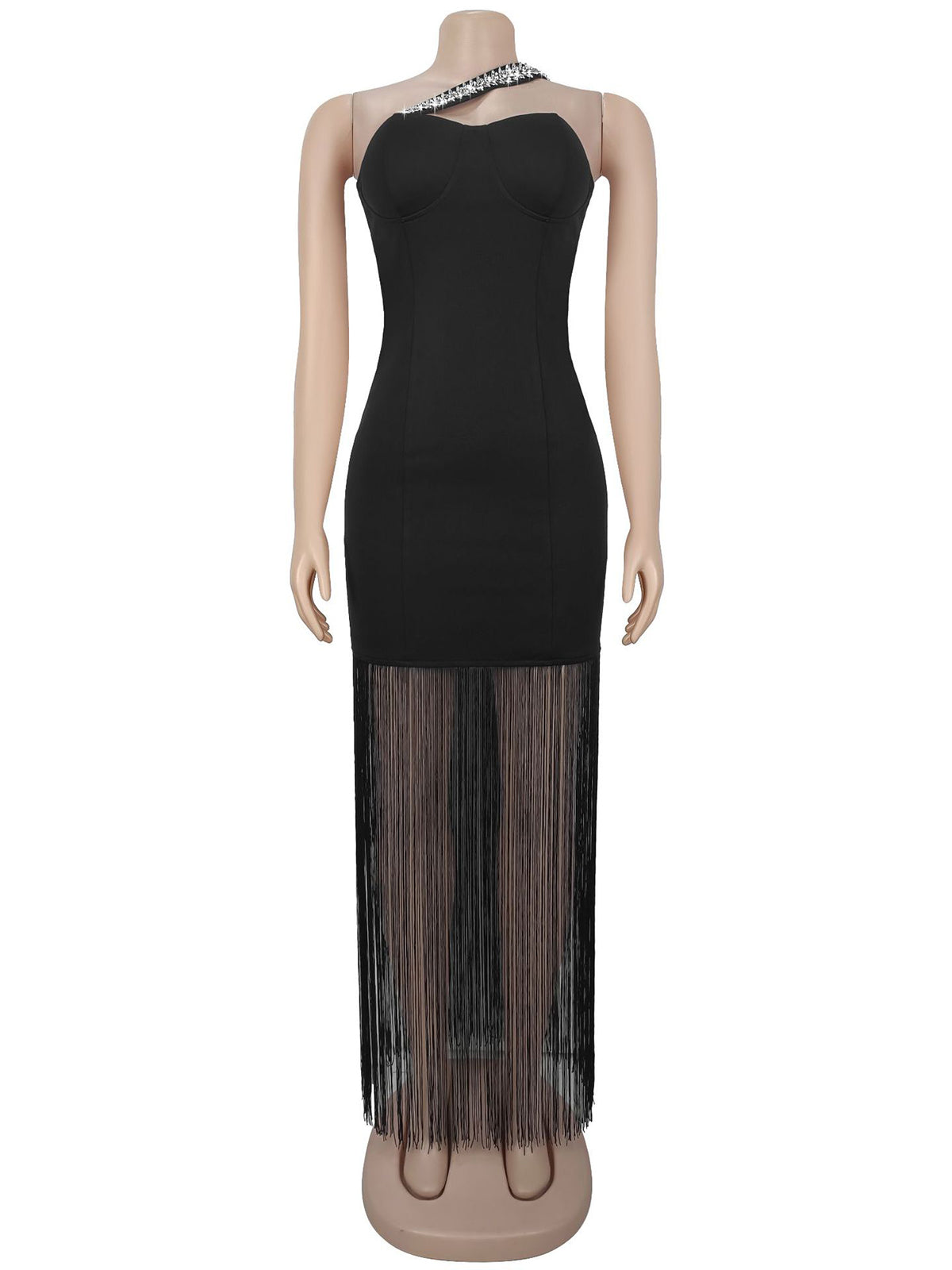 Rhinestone Embellishment Off Shoulder Fringe Maxi Dress