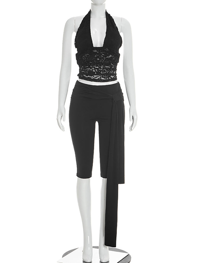 Sexy Lace Halterneck Top Capri Pant Set