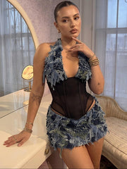 Halter Mesh Panel Backless Bodycon Dress