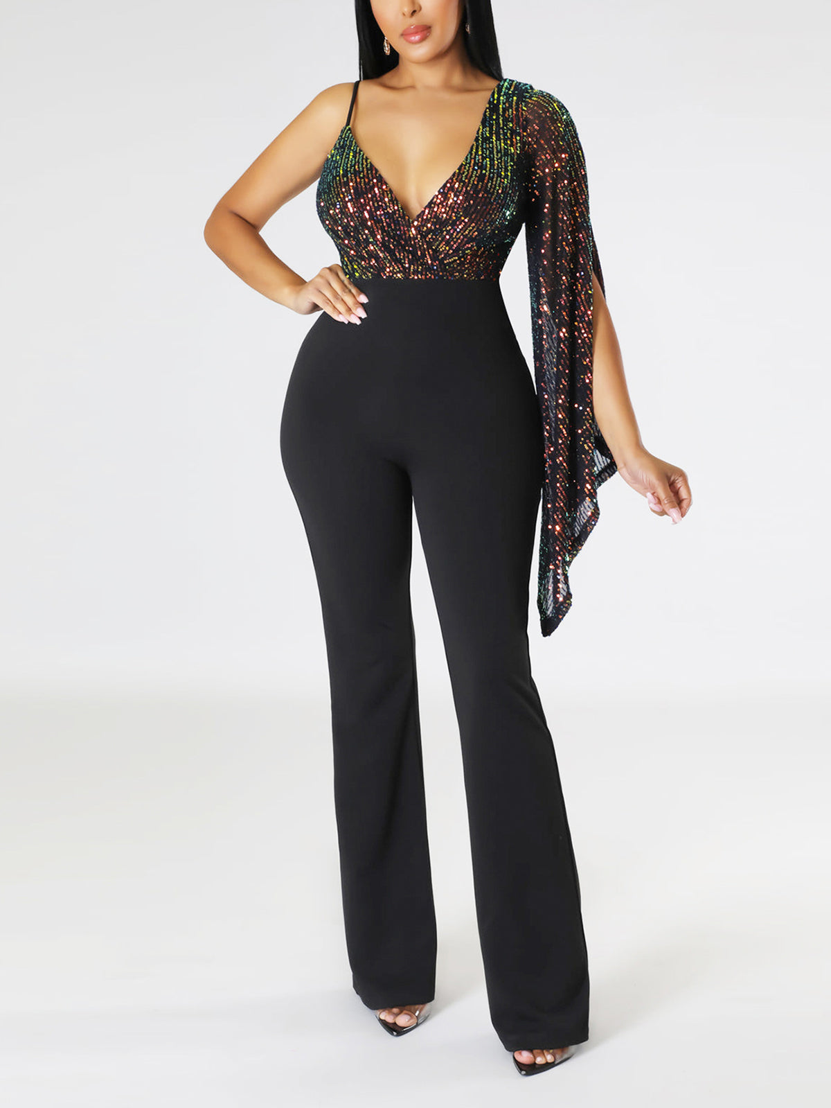 One-Shoulder Cape Sequin Patchwork Nightclub Jumpsuit