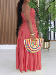 Sexy Spaghetti Strap Backless Sleeve Ruched Maxi Dress
