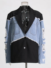 Denim Stitched Single Breasted Loose Long Blazer