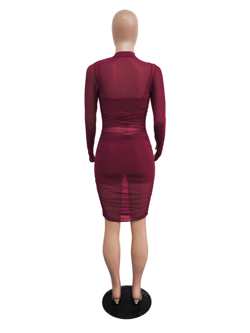 Sexy Sheer Mesh Ruched Bodycon Dress 3 Piece Sets