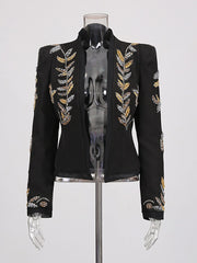 Beaded Embroidered Cropped Black Blazer-boutique