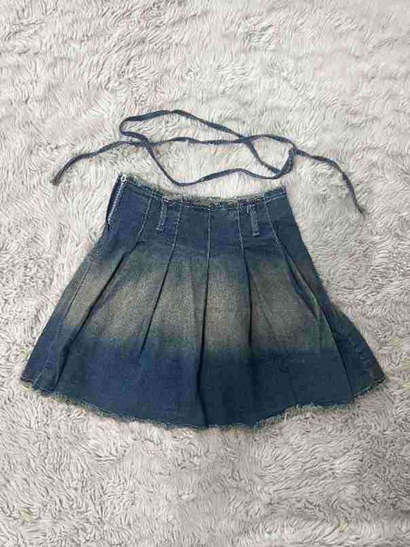Casual High Waist Washed Denim Pleated Skirt