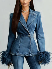 Feather Trim Tailored Denim Jacket for Women