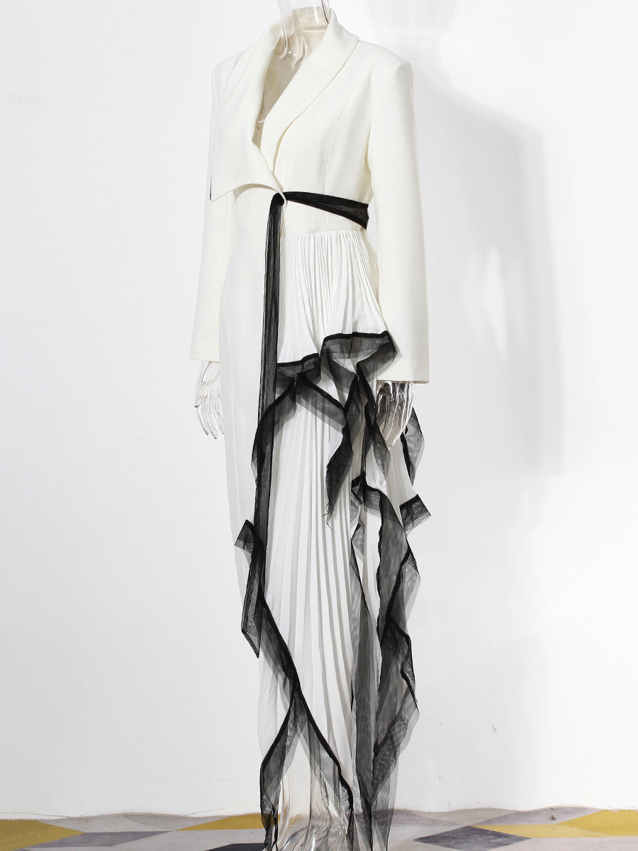 Asymmetric Pleated Ruffled Contrast Color Blazer Dress