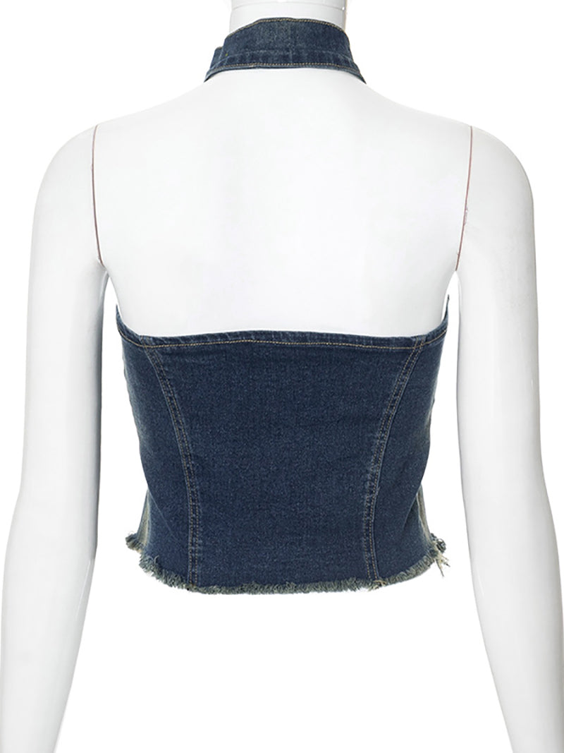 Sexy Halter Backless Hollow out Denim Top