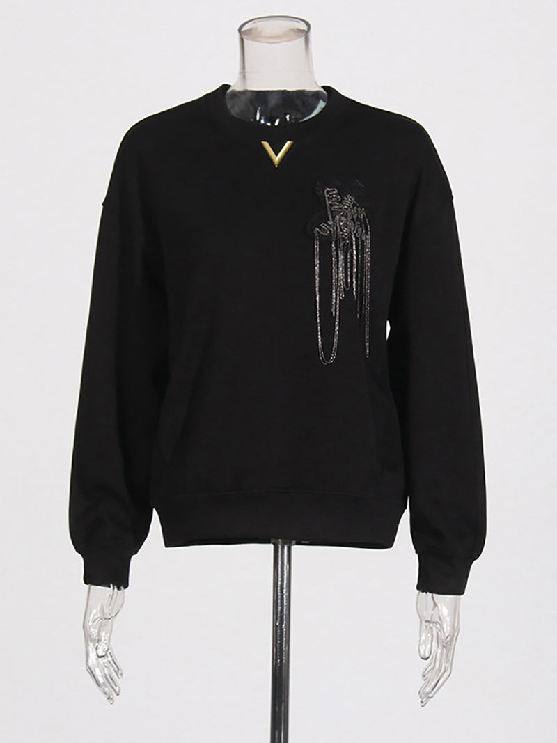 Round Neck Casual Loose Rhinestone Decor Hoodie