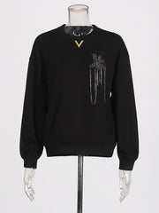 Round Neck Casual Loose Rhinestone Decor Hoodie