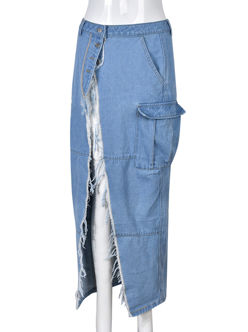 Sexy High Split Cargo Denim Skirt