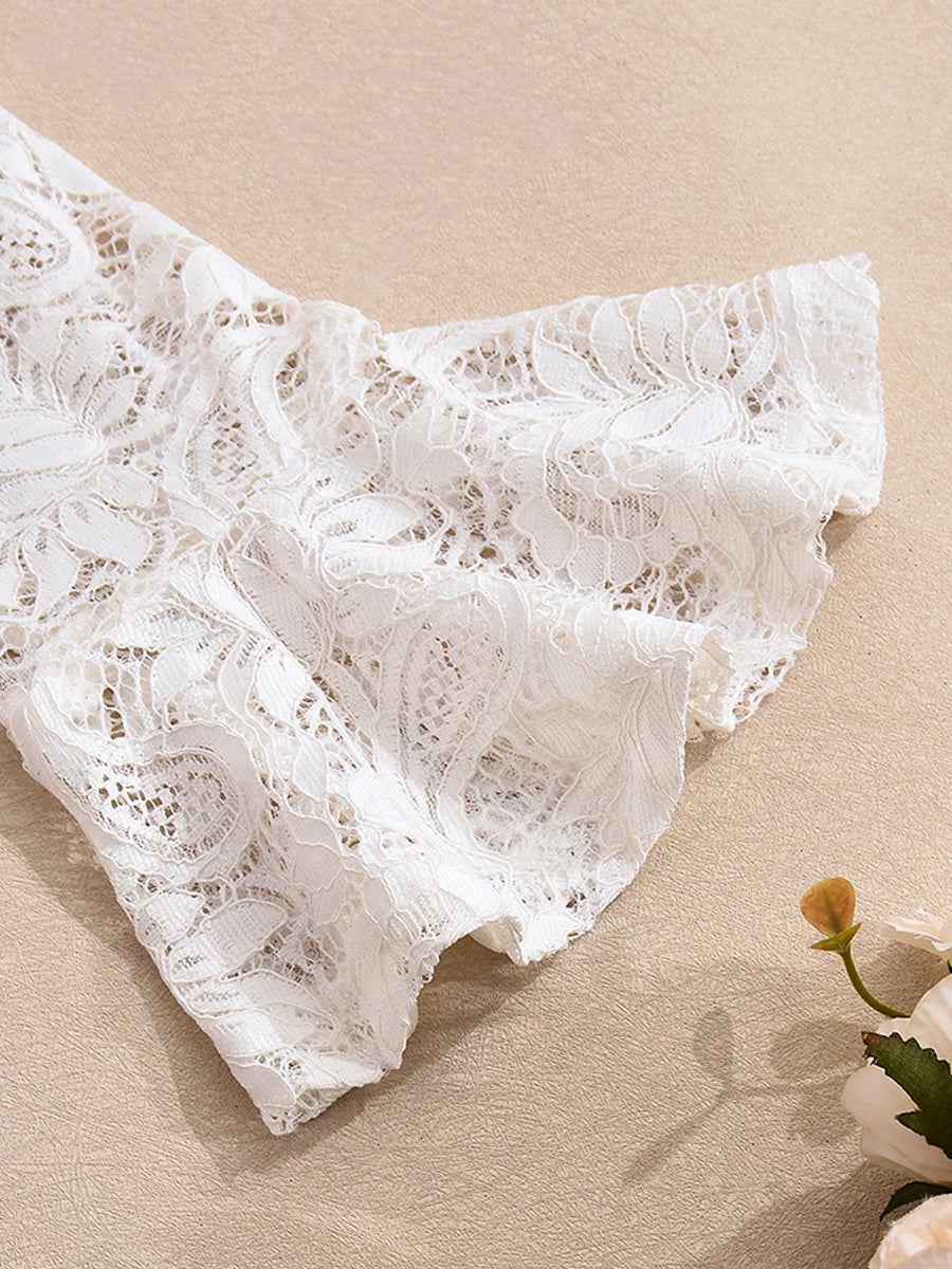 Casual Flare Sleeve Ruffle Trim Sheer Lace Jacket
