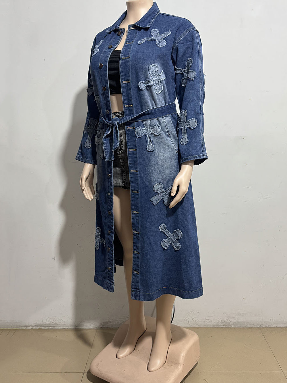 Fashion Cross Embroidered Long Denim Jacket