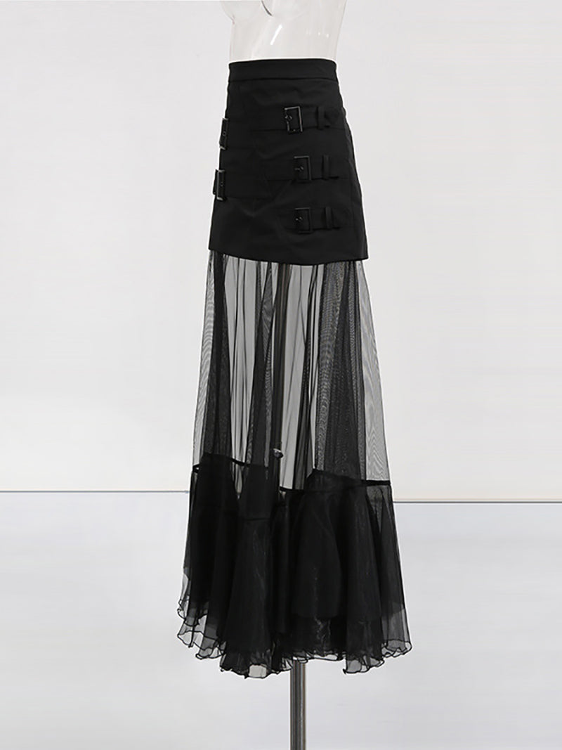 Fashion Patchwork Sheer Mesh Solid Maxi Skirt