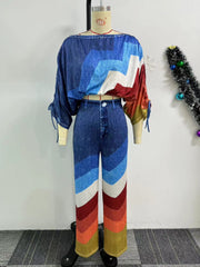 Fashion Denim Color Print Striped Two Piece Pant Set