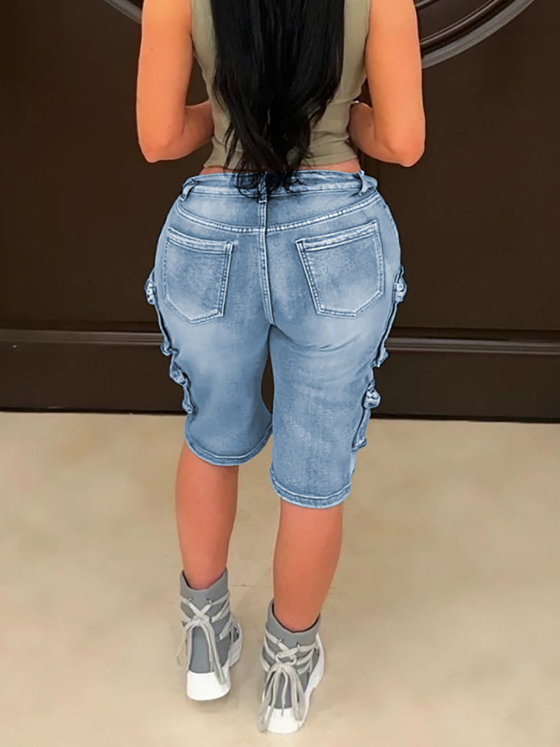 Casual High Wais Knee Length Denim Shorts