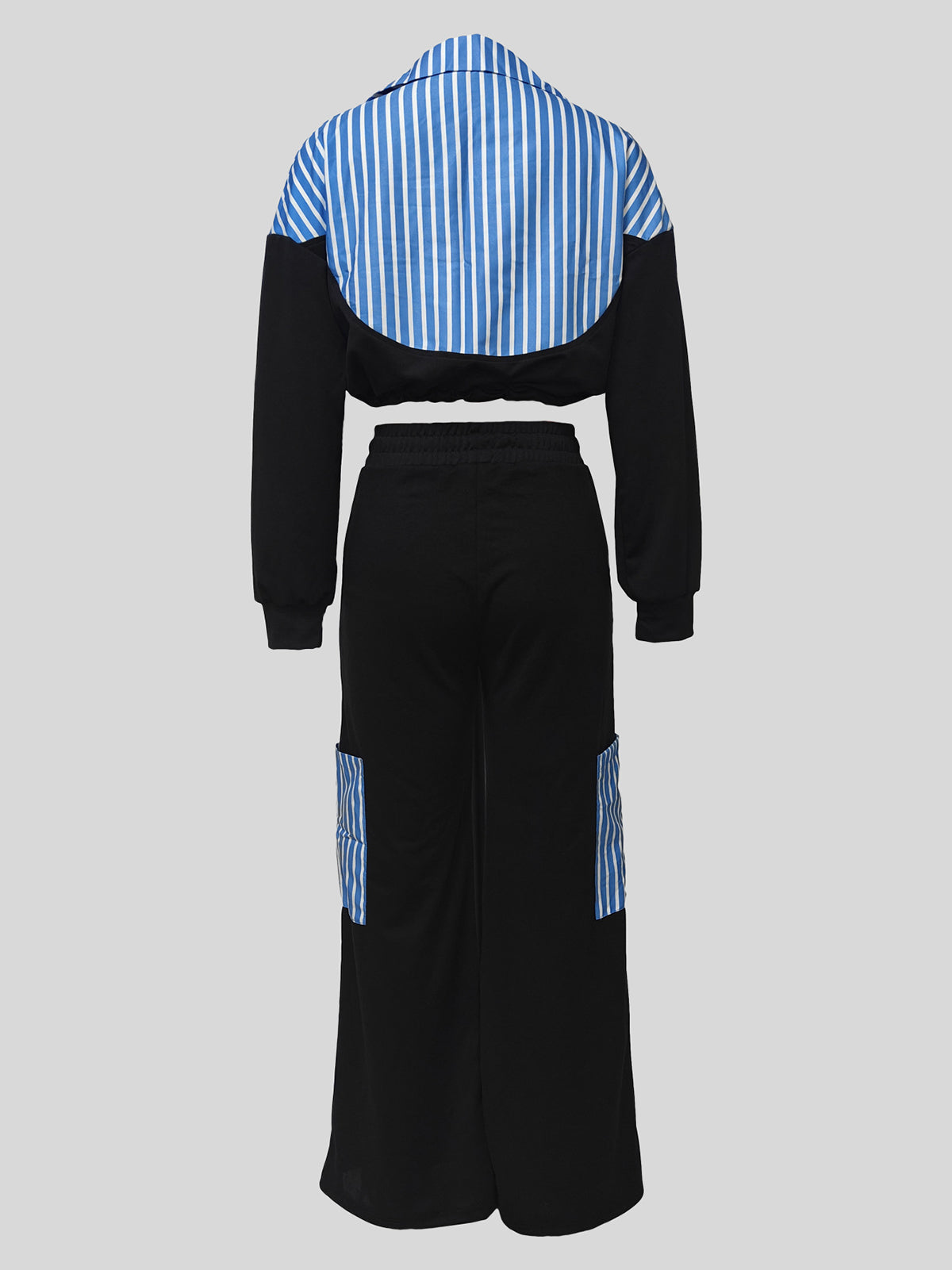 Striped Patchwork Cropped Shirt Straight Pants Set