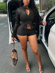 Stretch PU Leather Cropped Jacket Shorts 2 Piece Set